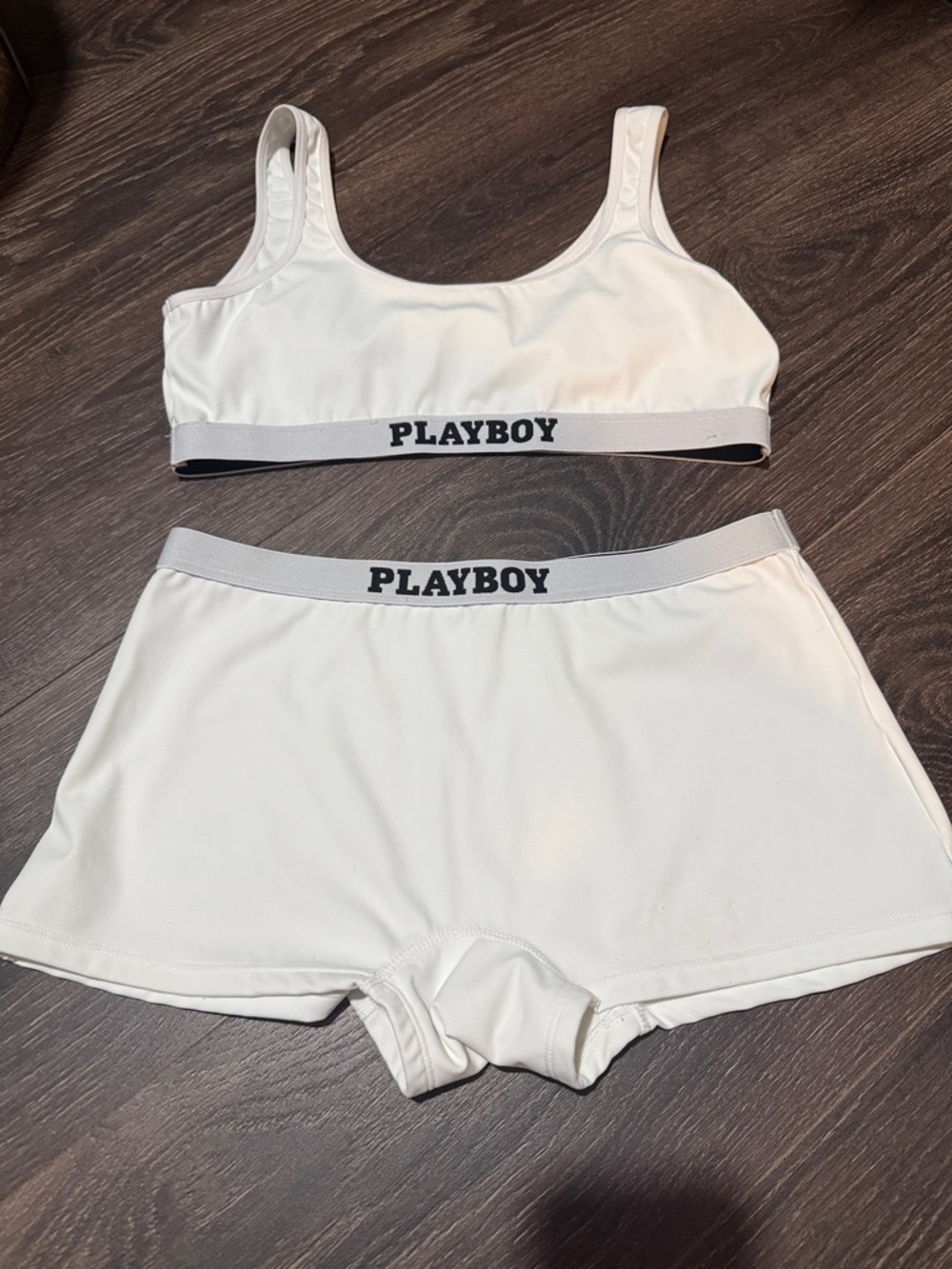 PLAYBOY White Bralette and Shorts Lounge Set with Logo Waistband